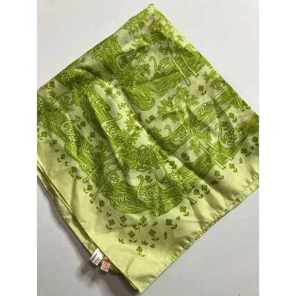 Vintage Bon Marche Made in Italy Polyester Green Swan Nature Handkerchief Scarf - Picture 8 of 8